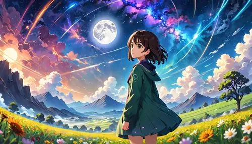 studio ghibli,fairy world,fairy galaxy,children's background,fantasy picture,dream world,magical adventure,astronomer,fantasia,cosmos wind,cosmos field,rainbow and stars,gaia,falling star,magical,astral traveler,yuki nagato sos brigade,cg artwork,starry sky,star sky,Anime,Anime,Realistic