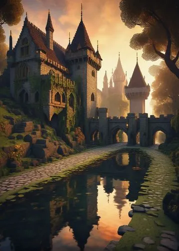 moated castle,city moat,moat,fairy tale castle,medieval castle,castle of the corvin,neverwinter,riftwar,knight's castle,gold castle,fairytale castle,beleriand,castlelike,templar castle,medieval,fantasy landscape,rattay,castleguard,crownland,fantasy picture,Illustration,Realistic Fantasy,Realistic Fantasy 15