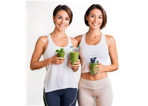 Healthy woman, fit body, standing, smiling, bright eyes, natural makeup, short brown hair, white tank top, fitness pants, sneakers, holding a green smoothie, fruit salad on side, wooden table, warm li