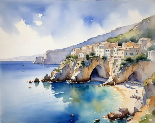 watercolor,aquarelle,coastal landscape,watercolorist,palizzi,watercolour,sea landscape,watercolor painting,landscape with sea,elytis,watercolours,watercolour paint,cyclades,scilla,italian painter,hellenic,ionian,water color,seascape,cres,Illustration,Paper based,Paper Based 23