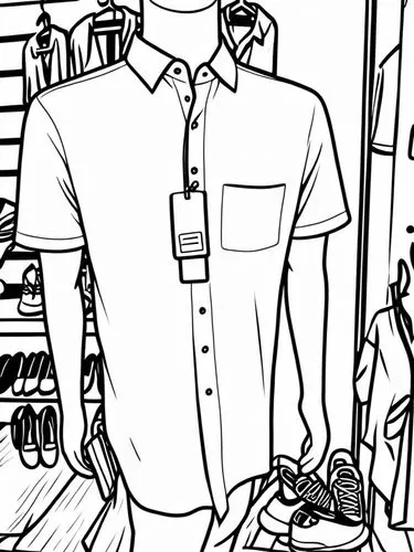 a man in a closet with sneakers and hats,rotoscoped,shopkeeper,plainclothes,office line art,storeowner,coloring page,Design Sketch,Design Sketch,Rough Outline