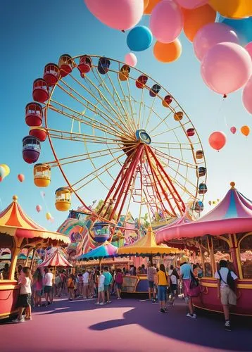 Theme park, futuristic architecture, vibrant colors, roller coaster tracks, spinning teacups, Ferris wheel, merry-go-round horses, cotton candy stalls, popcorn carts, balloons, confetti, excited child