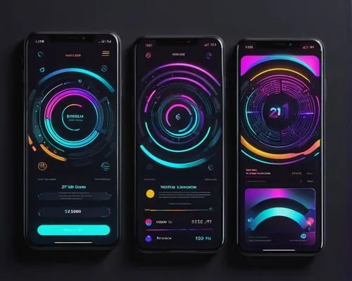 Mobile app, AI-generated artwork, futuristic neon interface, holographic display, circular menu, swipe gestures, colorful icons, minimalist design, glassy reflections, subtle animations, glowing butto