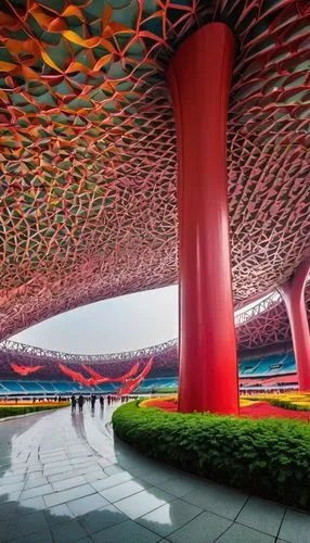 Beijing National Stadium, China, modern architecture, unique curved steel structure, large glass windows, grand entrance, Olympic torch, Chinese traditional elements, majestic columns, red pillars, in