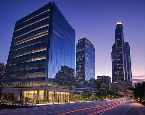 Modern Atlanta skyscraper, sleek glass and steel structure, bustling cityscape, sunny afternoon, few puffy white clouds, busy streets with moving cars, pedestrians walking on sidewalks, contemporary o