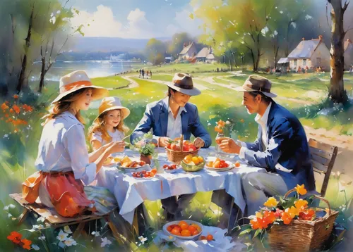 picnic,tea party,breakfast table,picnic basket,table artist,garden party,tablecloth,picnic table,family picnic,cream tea,picnic boat,art painting,red tablecloth,sweet table,table setting,tearoom,afternoon tea,outdoor table,outdoor dining,florists,Conceptual Art,Oil color,Oil Color 03