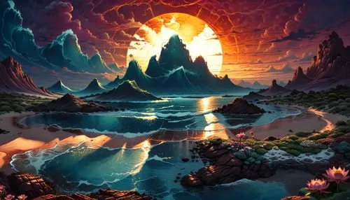 fantasy landscape,fantasy picture,cartoon video game background,volcanic landscape,3d fantasy,fantasy art,Illustration,Realistic Fantasy,Realistic Fantasy 25