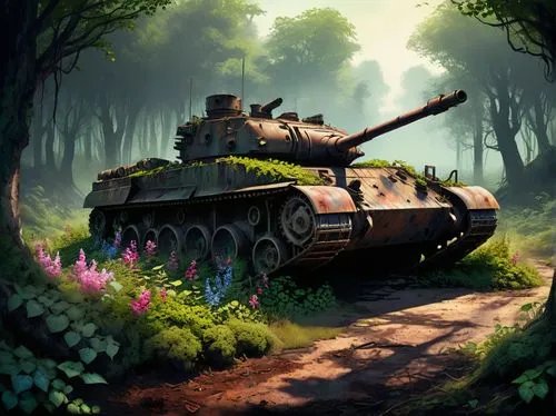 An old, rusty, abandoned military tank lies forgotten in a desolate wasteland, overgrown with shrubs, a few colorful flowers and ivy leaves, stumps of trees, post-apocalyptic landscape, a low sun crea