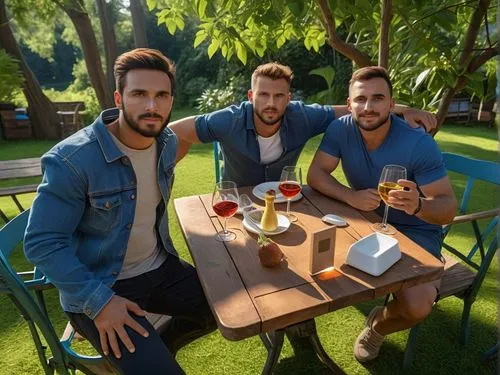 two men sitting at a picnic table while holding wine glasses,proteas,tziolis,alboran,cupressus,machos,gardenburger,Photography,General,Realistic