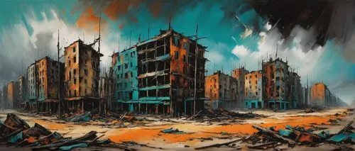 destroyed city,city in flames,post-apocalyptic landscape,apocalyptic,demolition,scorched earth,seismic,post-apocalypse,apocalypse,destruction,dystopian,destroy,post apocalyptic,dystopia,ruin,stalingrad,desolation,wasteland,slum,environmental destruction,Art,Artistic Painting,Artistic Painting 37