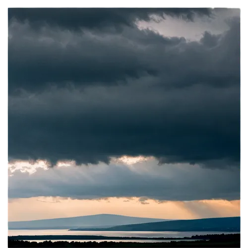 Dark grey rainclouds, cumulus clouds, wispy edges, soft focus, misty atmosphere, water droplets on lens, shallow depth of field, warm lighting, cinematic composition, panoramic view, dramatic mood, mo