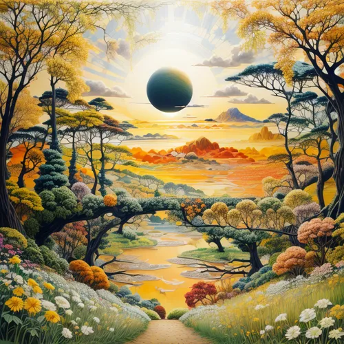 spring equinox,shirakami-sanchi,autumn landscape,forest landscape,mushroom landscape,sun and moon,brook landscape,sun moon,fantasy landscape,3-fold sun,rising sun,sun,nature landscape,landscape,equinox,high landscape,garden of eden,pachamama,crescent spring,oil painting on canvas