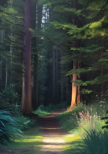 entrance to an old-growth forest at twilight. The path is lined with tall trees, and there is light shining through in between them. There are some green plants on both sides of it, and there are shad