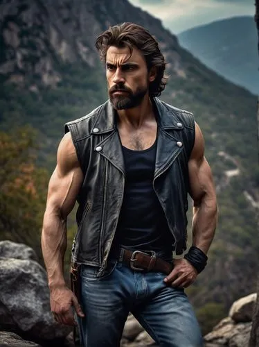 Grizzled man, muscular body, rugged beard, messy brown hair, scar above left eyebrow, intense gaze, strong jawline, worn leather jacket, black tank top, ripped blue jeans, heavy boots, standing, mount