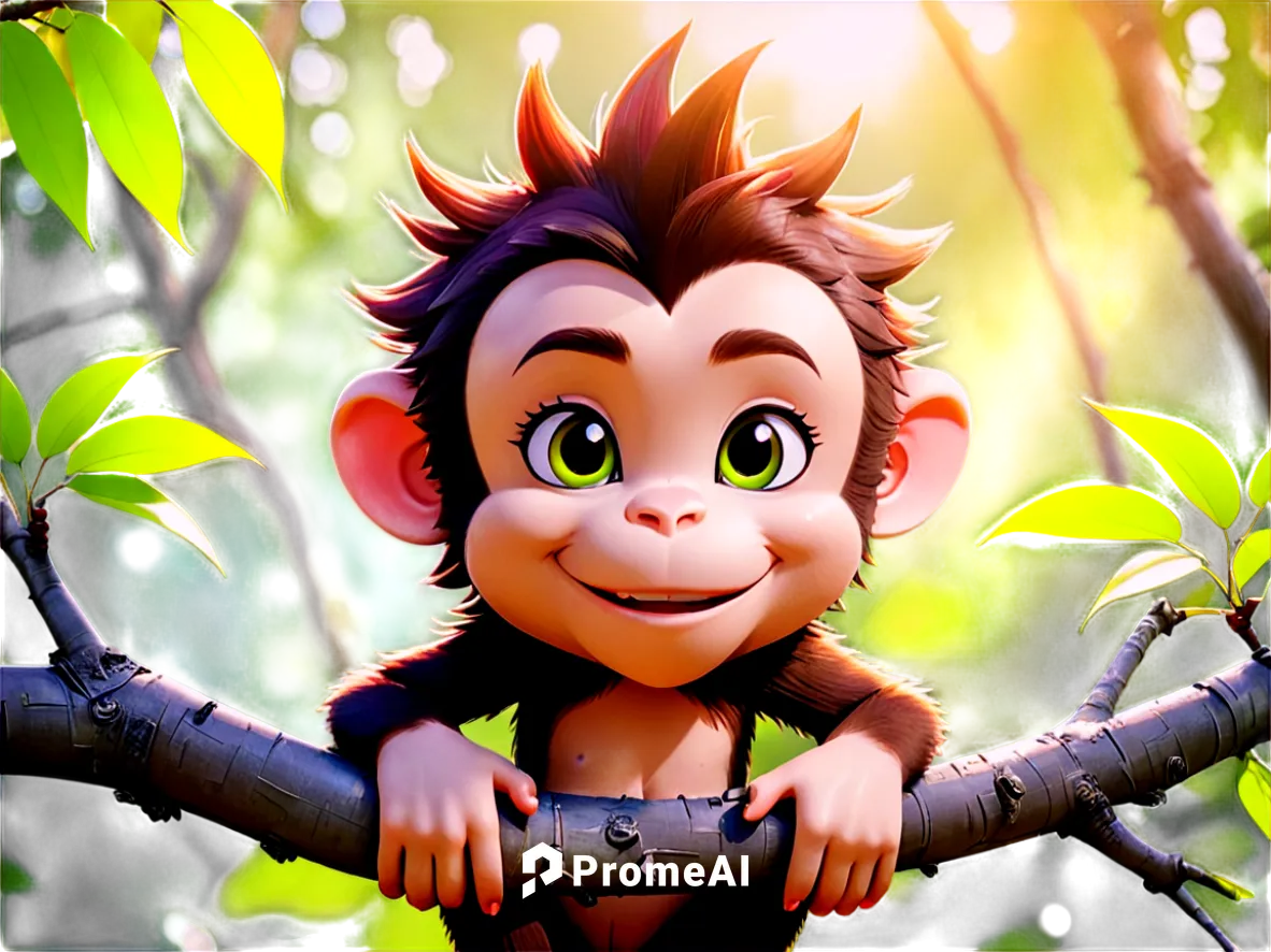 Cartoon monkey, spiky hairstyle, messy hair tips, bright brown eyes, colorful tattoo on forehead, smiling face, shiny nose, playful pose, sitting on a branch, vibrant green leaves background, warm sun