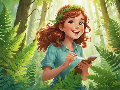 merida,forest clover,kids illustration,forest background,ferns,fae,cg artwork,flora,digital illustration,tiana,fairy forest,coffee tea illustration,fern,girl with tree,girl picking flowers,happy children playing in the forest,digital painting,fern plant,forest animal,princess anna,Illustration,Japanese style,Japanese Style 19