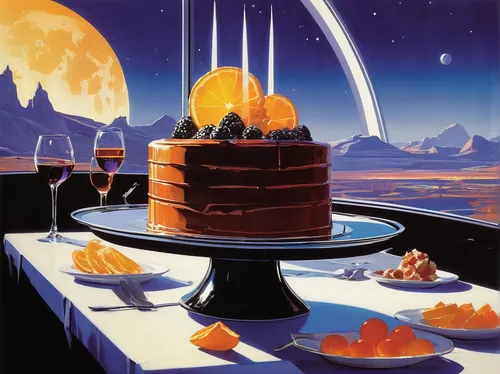 In a fantasy world, describe a magical cake that grants wishes to those who eat it.,boston cream pie,orange cake,cooking book cover,lunar landscape,cake buffet,futuristic landscape,culinary art,brown 