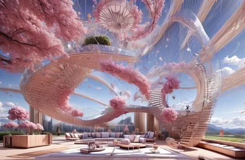 3d fantasy,futuristic landscape,sky space concept,ecotopia,virtual landscape,fantasy landscape,imaginationland,fractal environment,japanese sakura background,fantasy world,fairy world,fantasy city,sakura tree,windbloom,fantasy picture,fractals art,imaginasian,hanami,dreamlands,skycycle