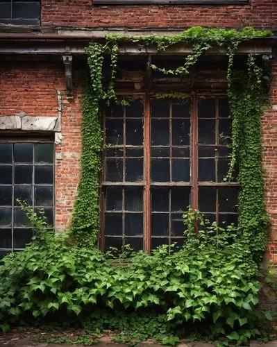 Abandoned, old, ornate, architectural salvage, Omaha Nebraska, worn brick walls, rusty metal beams, broken wooden planks, shattered glass windows, overgrown with ivy, wildflowers blooming in cracks, d