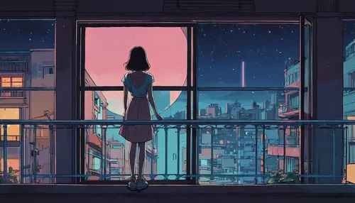 cityscape,city lights,paris balcony,bedroom window,rooftop,in the evening,sky apartment,balcony,to be alone,evening atmosphere,summer evening,evening city,dream world,night scene,rooftops,windowsill,loneliness,tokyo city,nightlife,clear night,Illustration,Japanese style,Japanese Style 06