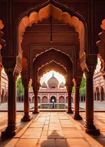 Red Fort, Mughal architecture, majestic, grandiose, intricate carvings, ornate decorations, red sandstone walls, tall arches, white marble inlays, golden domes, minarets, courtyard, fountain, lush gre