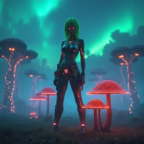 Futuristic female, cybernetic eyes, neon green hair, glowing tattoos on arms, metallic skin tone, high-tech jumpsuit, utility belt with gadgets, standing on a glowing mushroom, surrounded by biolumine