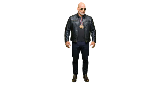 Veteran, muscular man, strong facial features, wrinkles, white beard, bald head, scars on face, sunglasses, black leather jacket, golden medals, combat boots, standing, hands behind back, heroic pose,