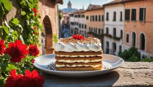 A rustic, chipped white ceramic dish overflowing with layered tiramisu. The coffee-soaked ladyfingers are a rich brown, contrasting with the pillowy white mascarpone cream. A generous dusting of cocoa