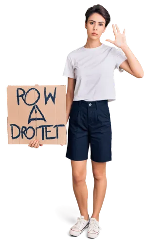 Strong feminist, solo, determined facial expression, short hair, bold eyebrows, minimal makeup, white shirt, high-waisted black pants, Converse shoes, holding a protest sign, standing with feet should