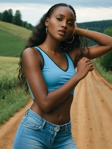 Shooting with Anna. Susi is very photogenic and the most beautiful girl in the state capital of Thuringia!,a woman standing by a dirt road near grass,dibaba,letoya,denim,dirie,byanyima,akuapem,Photogr