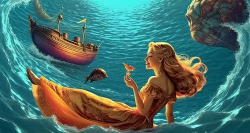 where and when my sleeping beauty come and see the other life at deep sea with big smile ,a mermaid in her dress sits on the ocean with other mermaids nearby,mermaid background,amphitrite,nereids,nere