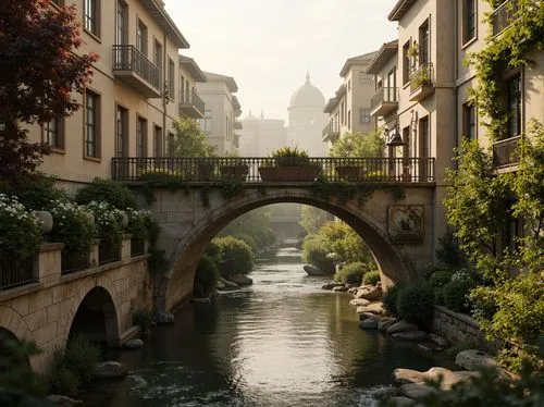 Ancient stone bridges, ornate balustrades, rustic arches, weathered stonework, moss-covered piers, gentle water flow, serene riverbanks, lush greenery, vibrant flowers, historic cityscape, warm golden