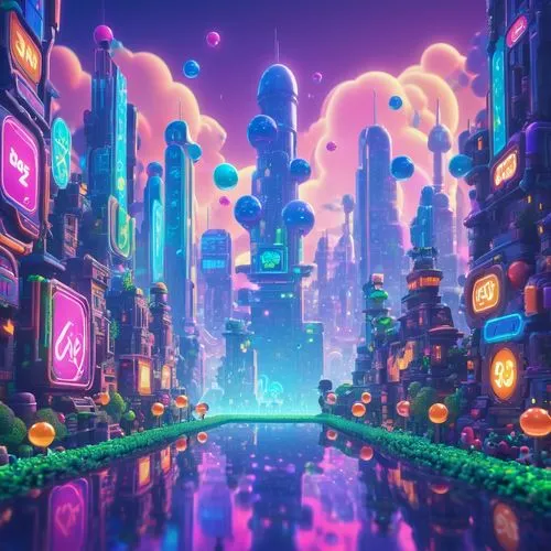 fantasy city,futuristic landscape,colorful city,metropolis,fantasy world,dream world,tokyo city,vapor,3d fantasy,cyberpunk,alien world,cityscape,panoramical,futuristic,fairy world,ancient city,tokyo,fractal environment,alien planet,scifi,Unique,Pixel,Pixel 02