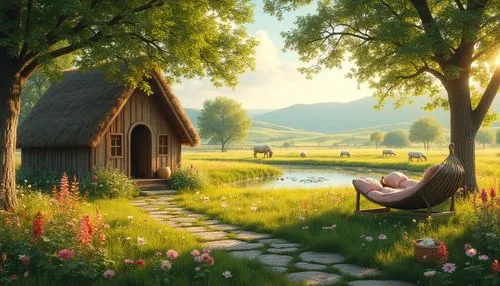 idyll,idyllic,summer cottage,home landscape,summer meadow,meadow landscape,restful,seclude,cottage,meadow,quietude,small meadow,bucolic,summer evening,green meadow,peaceful,meadow in pastel,world digital painting,landscape background,summer day,Photography,General,Realistic