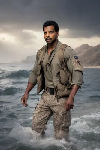 denzel washington, male, attitude,a man in camouflage clothes wading on a large body of water,ranjith,shanmuganathan,karthi,sendhil,ramcharan,gabbar,Photography,Realistic