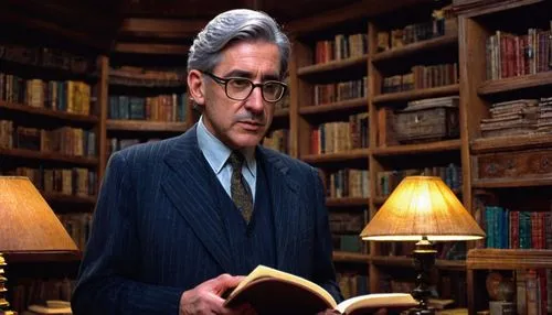 Spiro Kostof, historian, professor, middle-aged man, bespectacled, gray hair, suit, tie, holding a book, standing in front of a large wooden desk, surrounded by shelves filled with books and architect