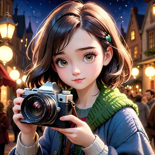 a girl with a camera,camera illustration,girl making selfie,photographer,taking photo,mamiya,camera,camera photographer,city ​​portrait,taking picture,photo camera,lensman,bokeh effect,world digital painting,minolta,digital camera,taking photos,nikon,photographing children,background bokeh,Anime,Anime,Cartoon