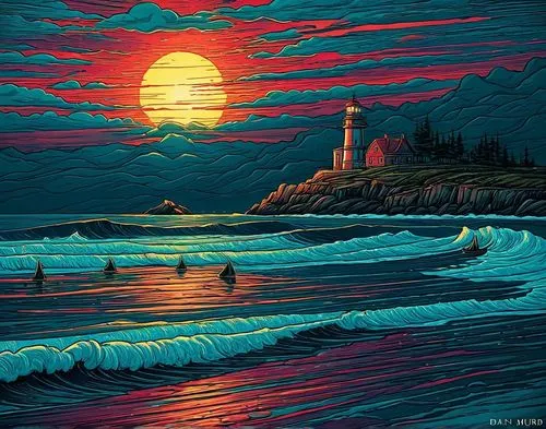 a painting of people on the water with a lighthouse in the background,lighthouses,lighthouse,sand art,red lighthouse,light house,coast sunset,Illustration,Realistic Fantasy,Realistic Fantasy 25