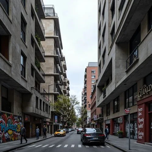 Concrete brutalist buildings, urban cityscape, dense metropolitan area, busy streets, vibrant street art, graffiti, industrial textures, exposed ductwork, raw concrete surfaces, fortress-like structur