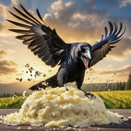 eagleburger,ravenous,ugali,black vulture,pied crow,crownover,vulture,eurasian black vultures,orzo,semolina,spaetzle,vulture african,flying food,grits,polish chicken,andean condor,crows bird,hooded vulture,scrambled eggs,raven rook,Photography,General,Realistic