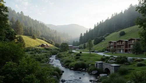 Sweeping hills, lush green forests, meandering streams, rustic stone walls, wooden bridges, natural rock formations, blended architecture, curved lines, organic shapes, earthy tones, muted colors, sea