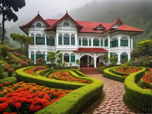 Cameron Highlands, colonial architecture, British-style mansion, grand entrance, arched windows, wooden doors, intricate carvings, lush greenery surroundings, foggy atmosphere, morning mist, soft natu