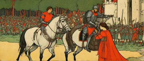 camelot,middle ages,the middle ages,joan of arc,knight tent,king arthur,accolade,vintage illustration,knight festival,pall-bearer,medieval,procession,amboise,ancient parade,cavalry,pageantry,the order of the fields,puy du fou,mucha,cool woodblock images,Illustration,Retro,Retro 11