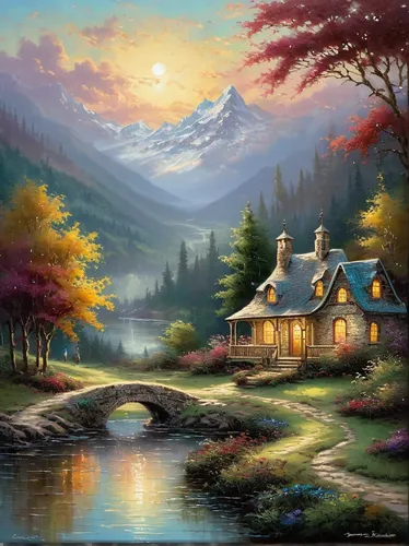 home landscape,house in mountains,house in the mountains,landscape background,lonely house,house in the forest,fantasy landscape,house with lake,summer cottage,cottage,autumn landscape,fantasy picture,mountain landscape,mountain scene,beautiful landscape,mountain settlement,nature landscape,beautiful home,fall landscape,little house,Conceptual Art,Oil color,Oil Color 06