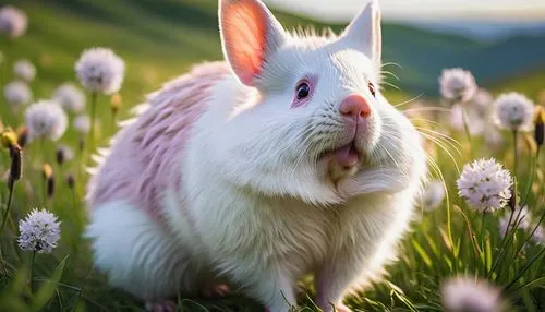 Majestic el porco, furry animal, sitting, cute expression, bright curious eyes, pink nose, fluffy ears, white and brown fur, standing on hind legs, front paws together, green grass, sunny meadow, flow