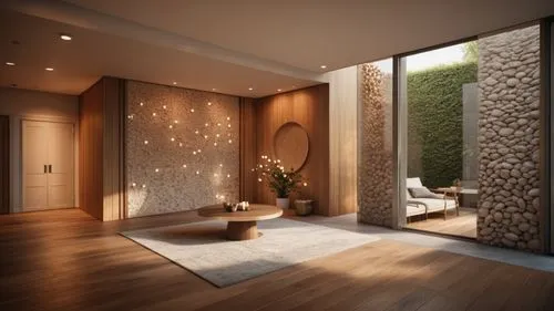 luxury bathroom,hallway space,interior modern design,3d rendering,limewood,bamboo curtain,Photography,General,Cinematic