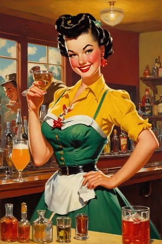 barmaid,bartender,female alcoholism,i love beer,draft beer,craft beer,glasses of beer,retro women,snifter,waitress,maraschino,beer,beer tap,soda fountain,beer cocktail,woman drinking coffee,barman,retro woman,vintage women,pub,Illustration,Retro,Retro 10