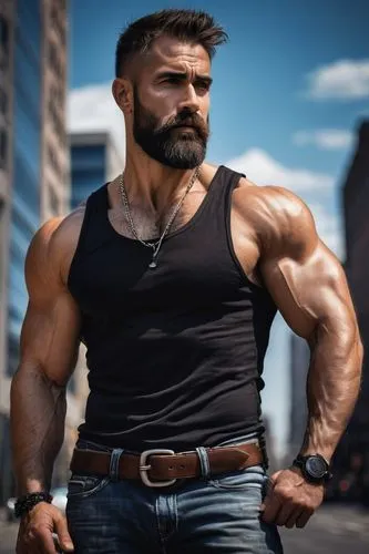 Muscular man, gay, daddy, 35-40yo, rugged beard, messy short hair, thick eyebrows, prominent nose, strong facial features, intense gaze, hairy chest, chiseled abs, bulging biceps, triceps, tight black