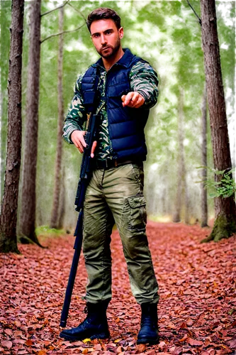 Strong muscular man, solo, (30yo), short beard, messy brown hair, green camouflage clothing, cargo pants, black boots, holding rifle, standing, adventurous, forest environment, natural lighting, warm 