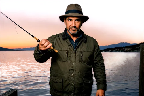 Middle-aged man, fisherman, rugged face, worn clothing, fishing hat, bushy eyebrows, strong hands, holding fishing rod, standing on dock, sunset background, warm golden light, shallow depth of field, 